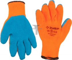Картинка Утепленные перчатки ЗУБР УРАЛ, сигнальный цвет, размер S-M Основа: акриловая пряжа. Рельефное латексное покрытие. купить 