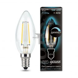 Картинка лампа светодиодная Gauss Ретро Filament свеча E14 5Вт 4100K диммируемая Лампа диммируемая GAUSS Filament СВЕЧА E14, 5W, 4100K, 450Лм, Гарантия 3 года арт. 103801205-D купить 