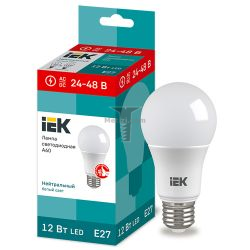 Картинка лампа светодиодная IEK груша A60 E27 12Вт 4000K 24-48V Низковольтные LED лампы IEK, применяются в помещениях с повышеной влажностью, U от 24 до 48V, 1140лМ, купить 