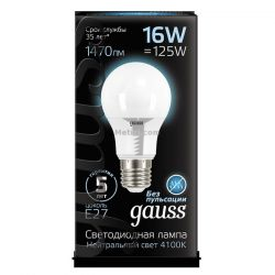 Картинка Лампа светодиодная Gauss груша A60 E27 16Вт 4100K GAUSS LED A60 E27 16W 4100K 230V RA>90 арт. 102502216 купить 