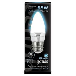 Картинка лампа светодиодная Gauss свеча E27 6.5Вт 4100K GAUSS LED СВЕЧА E27 6,5W 4100K 230V 550Lm RA>90 арт. 103102207 купить 