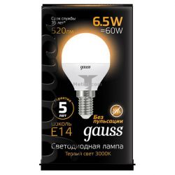 Картинка лампа светодиодная Gauss шар E14 6.5Вт 3000K GAUSS LED ШАР E14 6,5W 3000K 230V RA>90 арт. 105101107 купить 