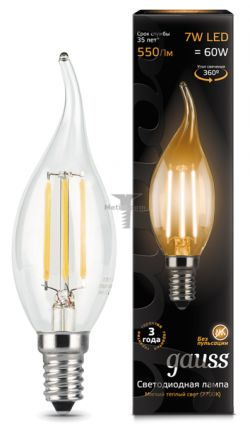 Картинка лампа светодиодная Gauss Ретро Filament свеча на ветру C35 E14 7Вт 2700K прозрачная GAUSS LED Filament C35 СВЕЧА НА ВЕТРУ E14 7W 2700K/CL 200-250V  550Лм арт. 104801107 купить 