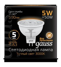 Картинка лампа светодиодная Gauss точечная MR16 GU5.3 5Вт 3000K GAUSS LED MR16 GU5.3  5W 3000K 500Lm 230V RA>90 арт. 101505105 купить 