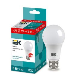 Картинка лампа светодиодная IEK груша A60 E27 8Вт 4000K 24-48V Низковольтные LED лампы IEK, применяются в помещениях с повышеной влажностью, U от 24 до 48V, 760лМ, купить 