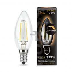 Картинка лампа светодиодная Gauss Ретро Filament свеча E14 5Вт 2700K диммируемая Лампа диммируемая GAUSS Filament СВЕЧА E14, 5W, 2700K, 420Лм, Гарантия 3 года арт. 103801105-D купить 