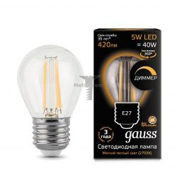 Картинка лампа светодиодная Gauss Ретро Filament шар E27 5Вт 2700K диммируемая Лампа диммируемая GAUSS Filament ШАР E27, 5W, 2700K, 420Лм, Гарантия 3 года арт. 105802105-D купить 