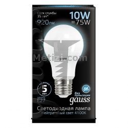 Картинка Лампа светодиодная Gauss груша A60 E27 10Вт 4100K GAUSS LED A60 E27 10W 4100K 230V RA>90 арт. 102502210 купить 