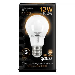 Картинка Лампа светодиодная Gauss груша A60 E27 12Вт 3000K GAUSS LED A60 E27 12W 3000K 1150Lm 230V RA>90 арт. 102502112 купить 