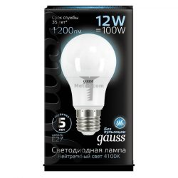 Картинка Лампа светодиодная Gauss груша A60 E27 12Вт 4100K GAUSS LED A60 E27 12W 4100K 2000Lm 230V RA>90 арт. 102502212 купить 