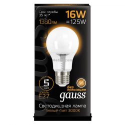 Картинка Лампа светодиодная Gauss груша A60 E27 16Вт 3000K GAUSS LED A60 E27 16W 3000K 230V RA>90 арт. 102502116 купить 