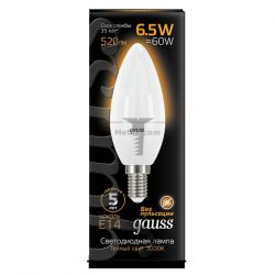Картинка лампа светодиодная Gauss свеча E14 6.5Вт 3000K GAUSS LED СВЕЧА E14 6,5W 3000K 520Lm 230V RA>90 арт. 103101107 купить 