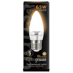 Картинка лампа светодиодная Gauss свеча E27 6.5Вт 3000K GAUSS LED СВЕЧА E27 6,5W 3000K 230V 520Lm RA>90 арт. 103102107 купить 