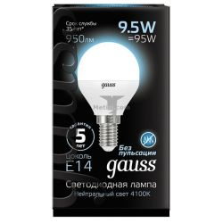 Картинка лампа светодиодная Gauss шар E14 9.5Вт 4100K GAUSS LED ШАР E14 9,5W 4100K 230V RA>90 арт. 105101210 купить 