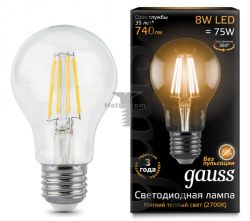 Картинка лампа светодиодная Gauss Ретро Filament груша A60 E27 8Вт 2700K прозрачная GAUSS LED Filament A60 E27  8W 2700K/CL 200-250V  740Лм арт. 102802108 купить 