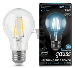 Картинка лампа светодиодная Gauss Ретро Filament груша A60 E27 8Вт 4100K прозрачная GAUSS LED Filament A60 E27  8W 4100K/CL 200-250V  780Лм арт. 102802208 купить 