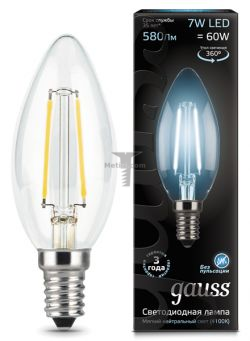 Картинка лампа светодиодная Gauss Ретро Filament свеча C35 E14 7Вт 4100K прозрачная GAUSS LED Filament C35 СВЕЧА E14 7W 4100K/CL 200-250V  580Лм арт. 103801207 купить 