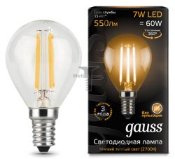 Картинка лампа светодиодная Gauss Ретро Filament шар G45 E14 7Вт 2700K прозрачная GAUSS LED Filament G45 ШАР E14 7W 2700K/CL 200-250V  550Лм арт. 105801107 купить 
