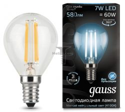 Картинка лампа светодиодная Gauss Ретро Filament шар G45 E14 7Вт 4100K прозрачная GAUSS LED Filament G45 ШАР E14 7W 4100K/CL 200-250V  580Лм арт. 105801207 купить 