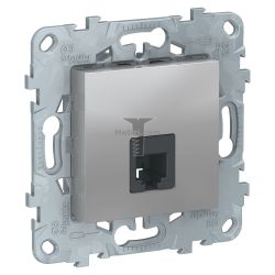 Картинка Розетка Unica NEW телефонная RJ11 алюминий без рамки, 4 контакта, способ монтажа скрытый, арт. NU549230 купить 