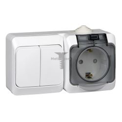 Картинка Блок Этюд IP44 розетка с заземлением + выключатель двухклавишный белый розетка со шторками, способ монтажа открытый, арт. BPA16-242B купить 