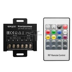 Картинка контроллер для светодиодной ленты Apeyron RGB радиочастотный 12/24В 240/480Вт 04-19 Контроллер RGB 12/24В, 240/480Вт, 3 канала*6,6 А, радиочастотный (RF), пульт кнопочный,80*64*24мм купить 