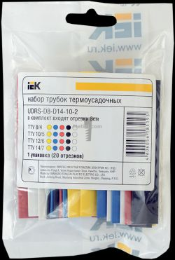 Картинка набор трубок термоусадочных ТТУ от 8/4 до 14/7 Набор трубок термоусаживаемых ТТУ 8/4, 10/5, 12/6, 14/7 желтая, синяя, красная, черная, белая (20х8см/упак), арт. UDRS-D8-D14-10-2 купить 